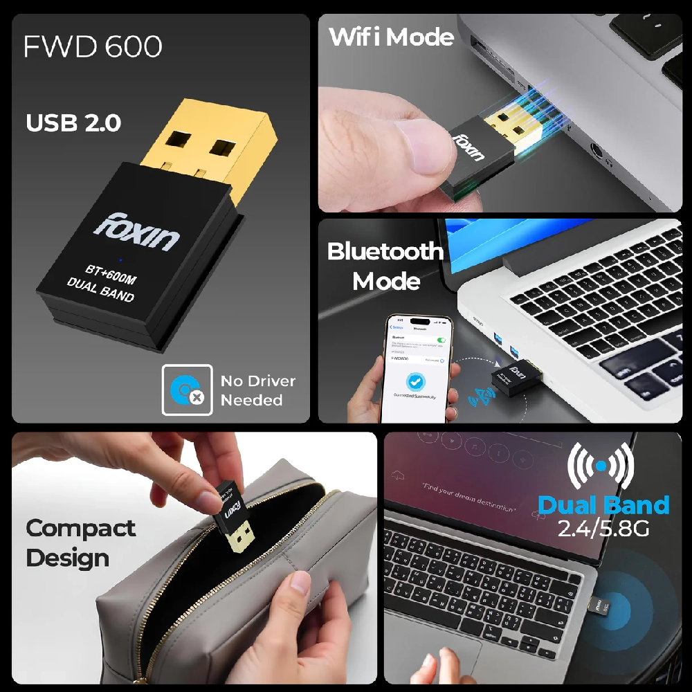 Foxin Bluetooth + WiFi Adapter 600Mbps (FWD 600B) view 2